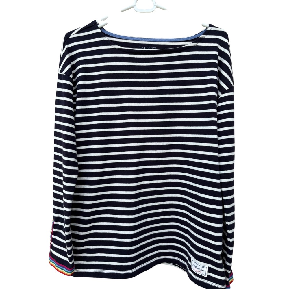Talbots Womens Navy White Striped Boat Neck Top Rainbow Button Cuff 100%Cotton M